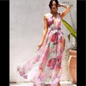 ✅ LOVE‎ & LEMONADE PINK/CREAM Floral Halter Maxi Dress SIZE LARGE